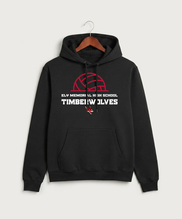 Ely Memorial High School Volleyball (Girls) - Jet Black Port & Co Core Fleece Pullover Hooded Sweatshirt. PC78H