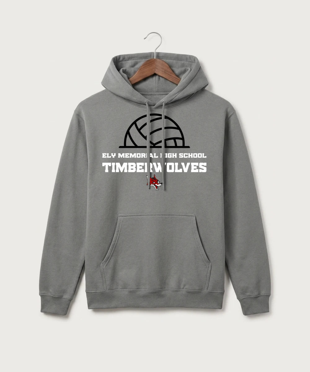 Ely Memorial High School Volleyball (Girls) - Medium Grey Port & Co Core Fleece Pullover Hooded Sweatshirt. PC78H