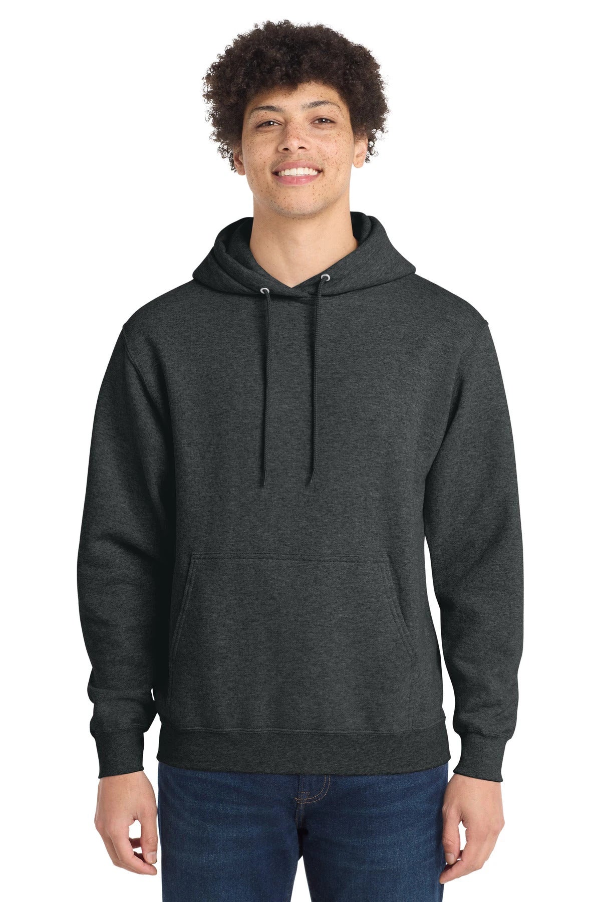 Ashwaubenon High School Football (Boys) - Black Heather Port & Co Core Fleece Pullover Hooded Sweatshirt. PC78H (model)