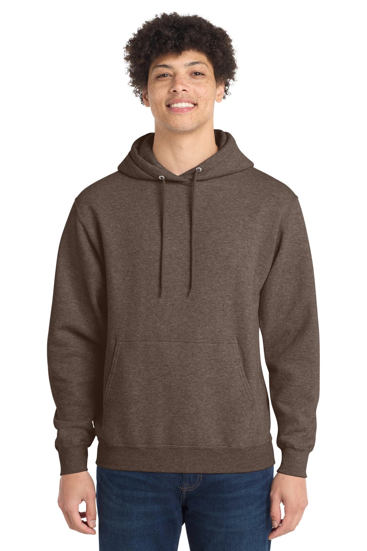 Ashwaubenon High School Football (Boys) - Heather Dark Chocolate Brown Port & Co Core Fleece Pullover Hooded Sweatshirt. PC78H (model)