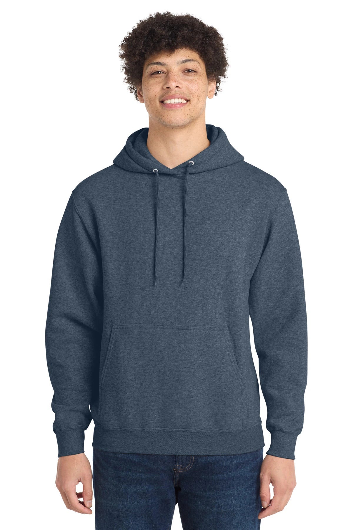 Ashwaubenon High School Football (Boys) - Heather Navy Port & Co Core Fleece Pullover Hooded Sweatshirt. PC78H (model)