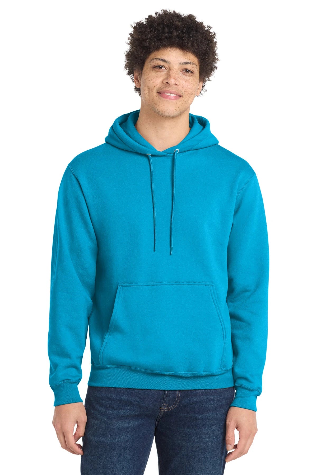Ashwaubenon High School Football (Boys) - Neon Blue Port & Co Core Fleece Pullover Hooded Sweatshirt. PC78H (model)