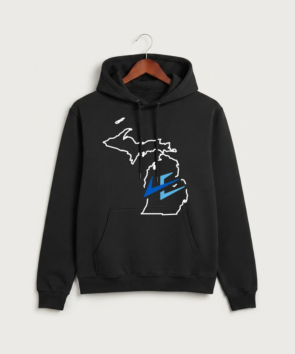 Leading Edge Michigan Team Store - Jet Black Port & Co Core Fleece Pullover Hooded Sweatshirt. PC78H