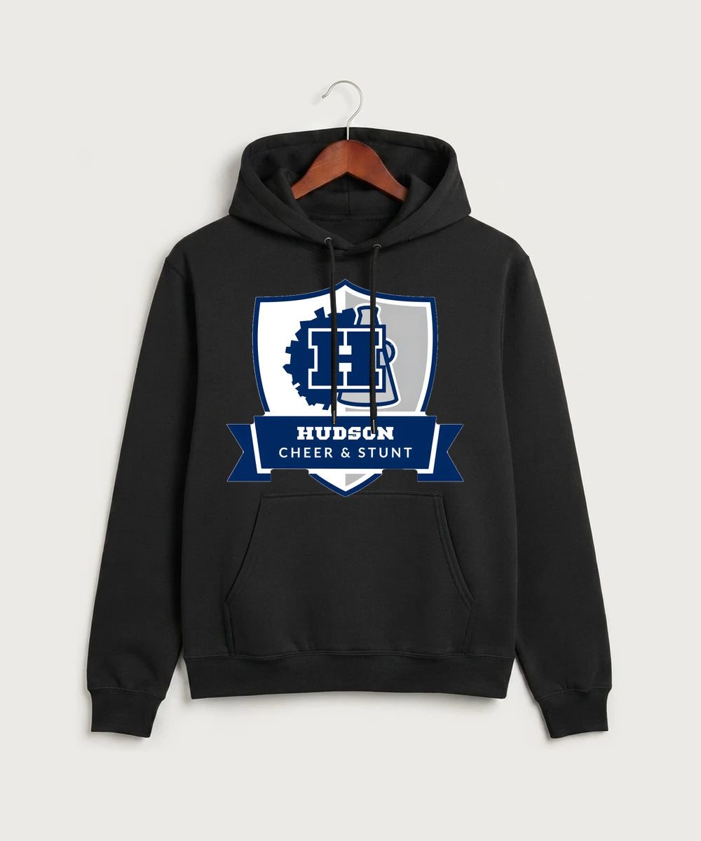 Hudson Cheer & Stunt - Jet Black Port & Co Core Fleece Pullover Hooded Sweatshirt. PC78H
