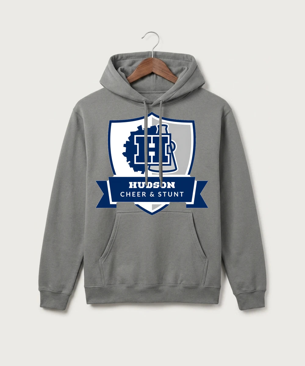Hudson Cheer & Stunt - Medium Grey Port & Co Core Fleece Pullover Hooded Sweatshirt. PC78H