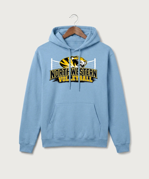 Northwestern Volleyball - Tundra Blue Port & Co Core Fleece Pullover Hooded Sweatshirt. PC78H