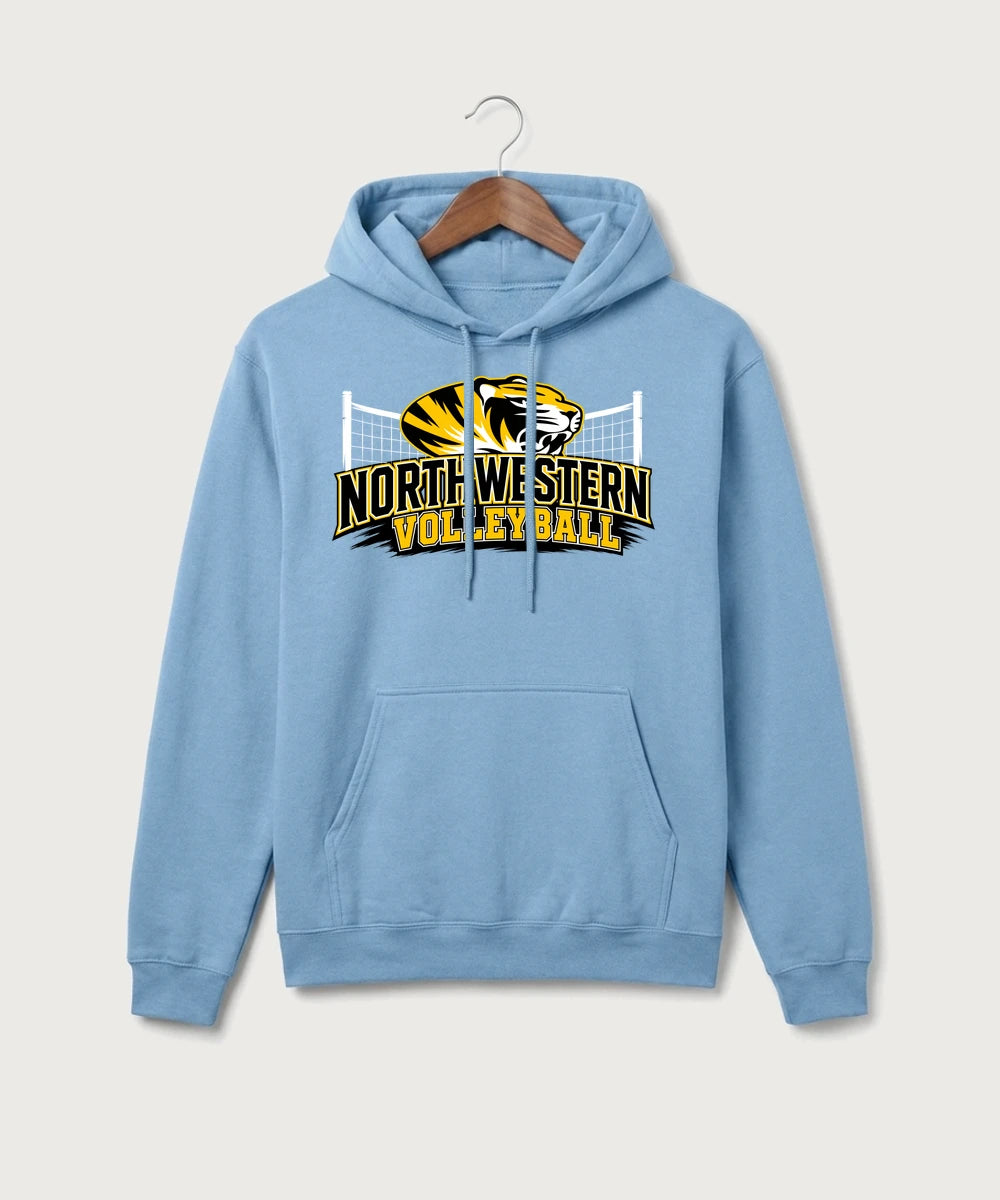 Northwestern Volleyball - Tundra Blue Port & Co Core Fleece Pullover Hooded Sweatshirt. PC78H