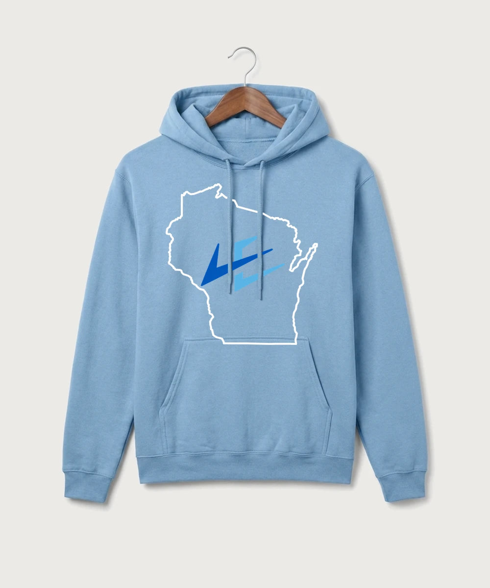Leading Edge Wisconsin Team Store - Tundra Blue Port & Co Core Fleece Pullover Hooded Sweatshirt. PC78H