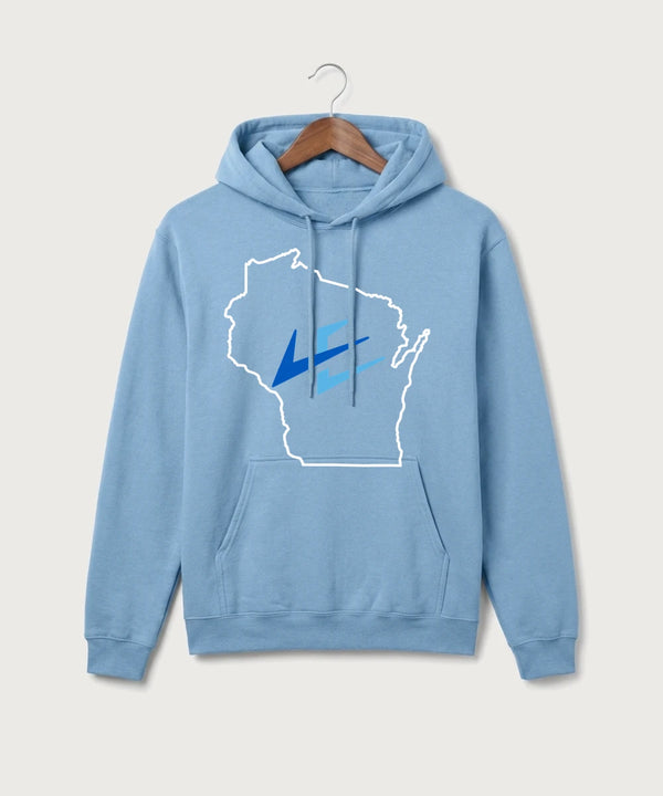 Leading Edge Wisconsin Team Store - Tundra Blue Port & Co Core Fleece Pullover Hooded Sweatshirt. PC78H