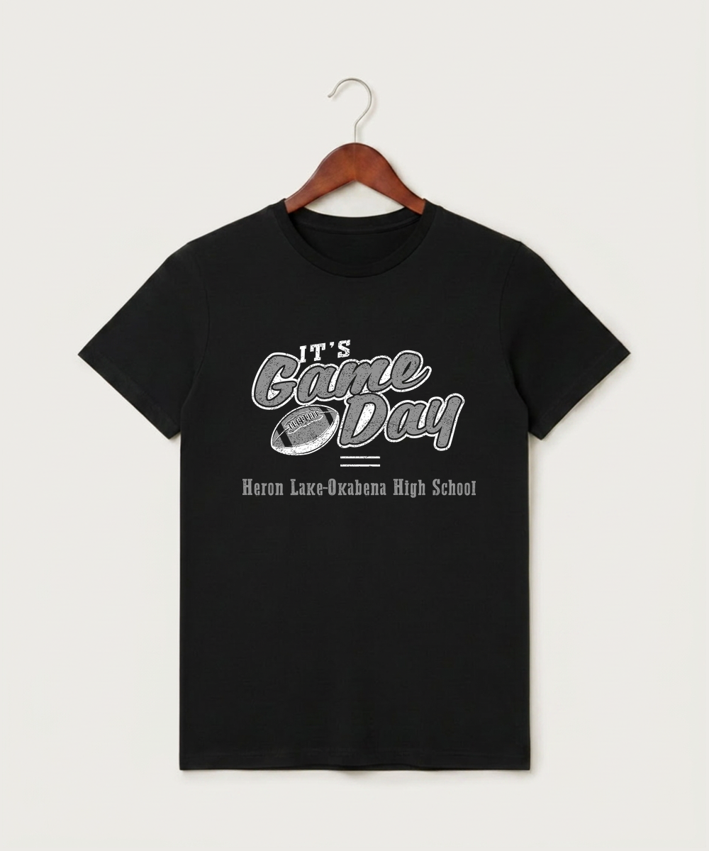 Heron Lake-Okabena High School Football (Boys) - Black T-Shirt - Full Front