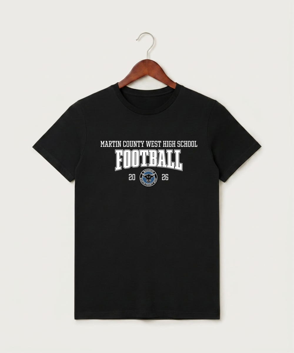 Martin County West High School Football (Boys) - Black T-Shirt - Full Front