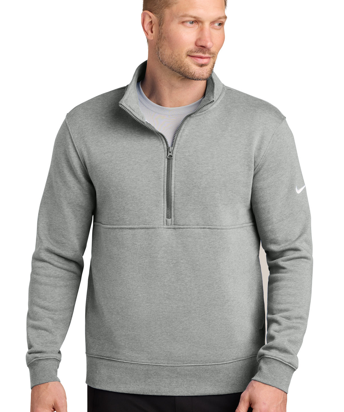 Ashwaubenon High School Football (Boys) - Dark Grey Heather Nike Club Fleece Sleeve Swoosh 1/2-Zip NKDX6718 (model)