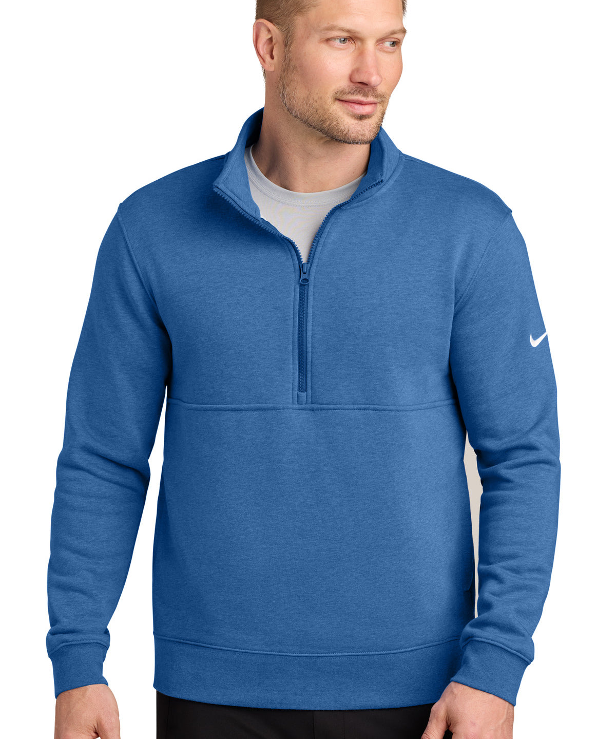 Ashwaubenon High School Football (Boys) - Light Game Royal Heather Nike Club Fleece Sleeve Swoosh 1/2-Zip NKDX6718 (model)
