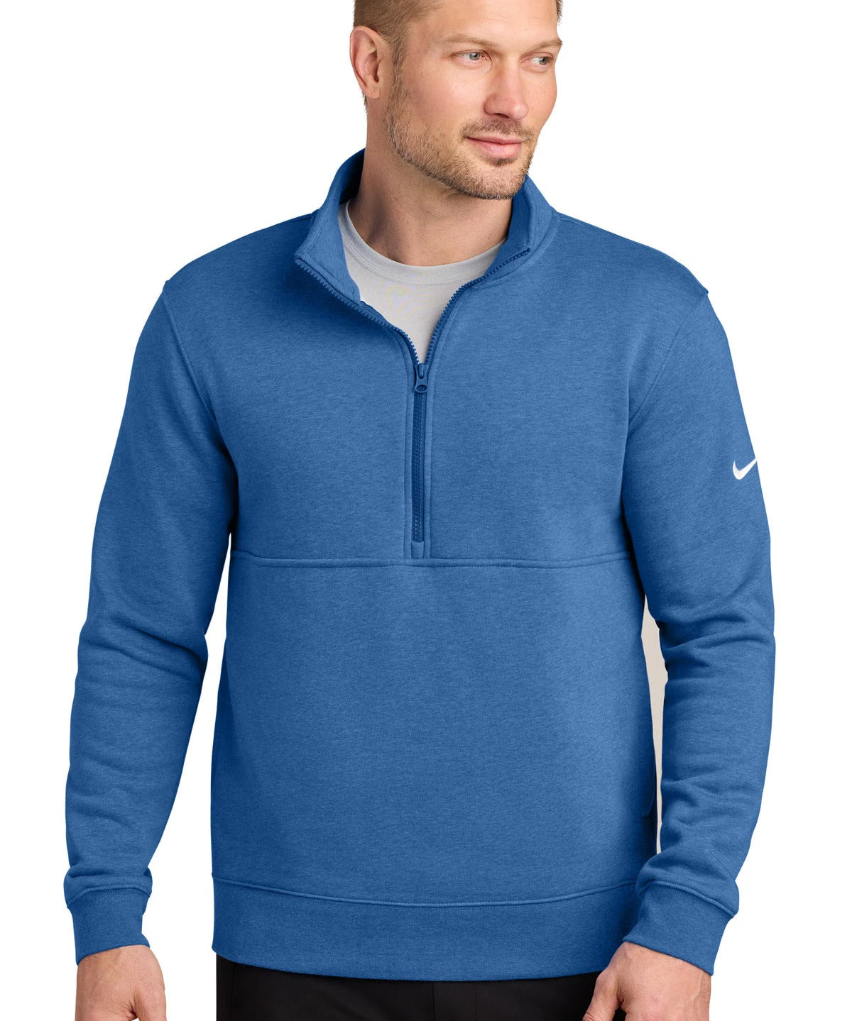 Ashwaubenon High School Football (Boys) - Light Game Royal Heather Nike Club Fleece Sleeve Swoosh 1/2-Zip NKDX6718 (model)