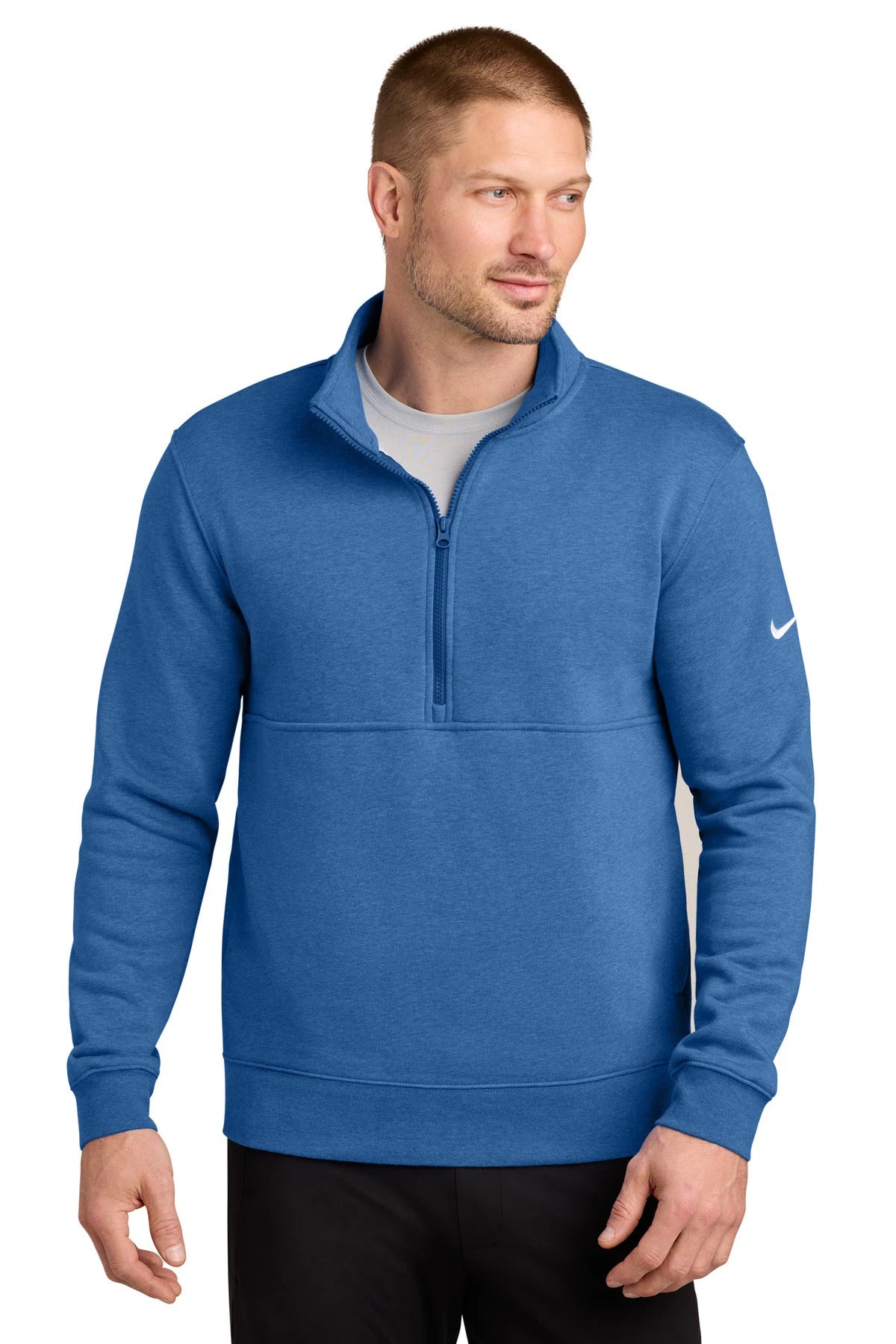 Ashwaubenon High School Football (Boys) - Light Game Royal Heather Nike Club Fleece Sleeve Swoosh 1/2-Zip NKDX6718 (model)