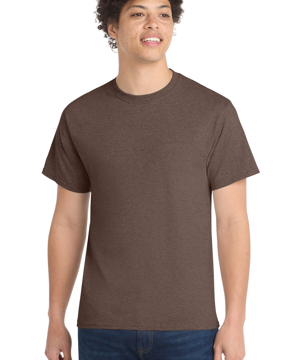Ashwaubenon High School Football (Boys) - Heather Dark Chocolate Brown Port & Co Core Cotton Tee. PC54 (model)