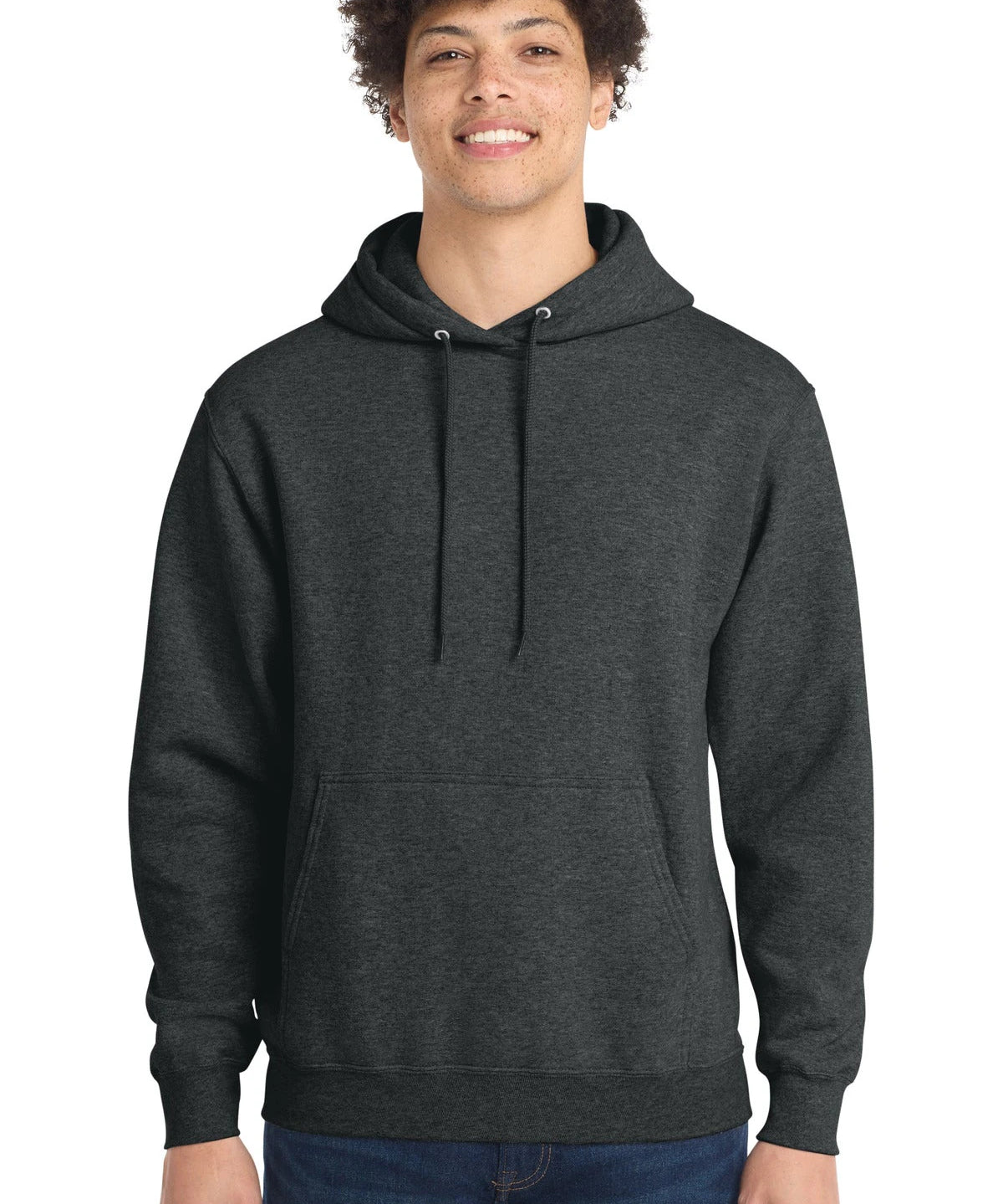 Ashwaubenon High School Football (Boys) - Black Heather Port & Co Core Fleece Pullover Hooded Sweatshirt. PC78H (model)