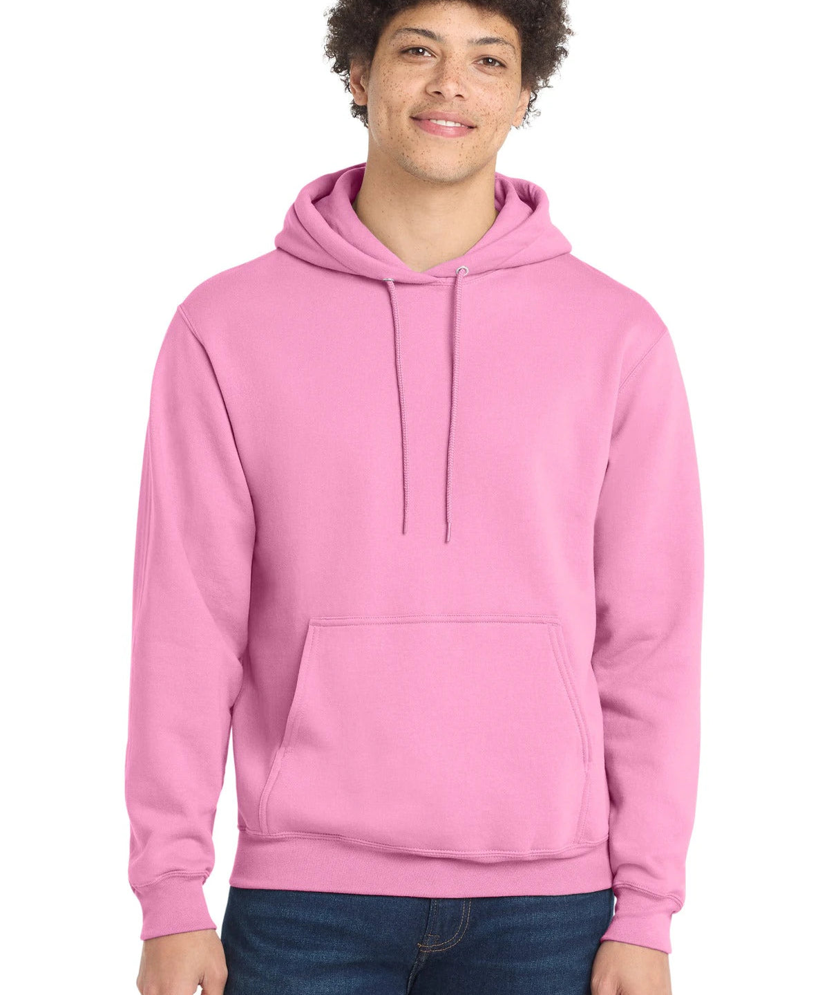 Ashwaubenon High School Football (Boys) - Candy Pink Port & Co Core Fleece Pullover Hooded Sweatshirt. PC78H (model)