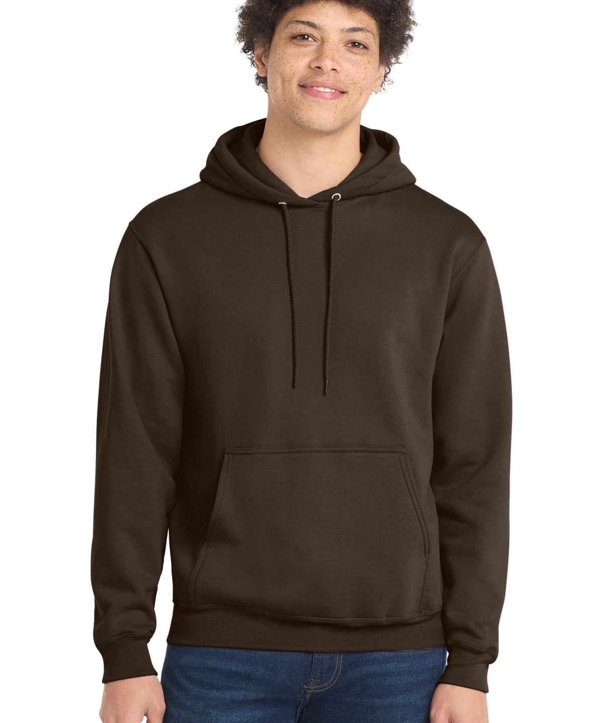 Ashwaubenon High School Football (Boys) - Dark Chocolate Brown Port & Co Core Fleece Pullover Hooded Sweatshirt. PC78H (model)