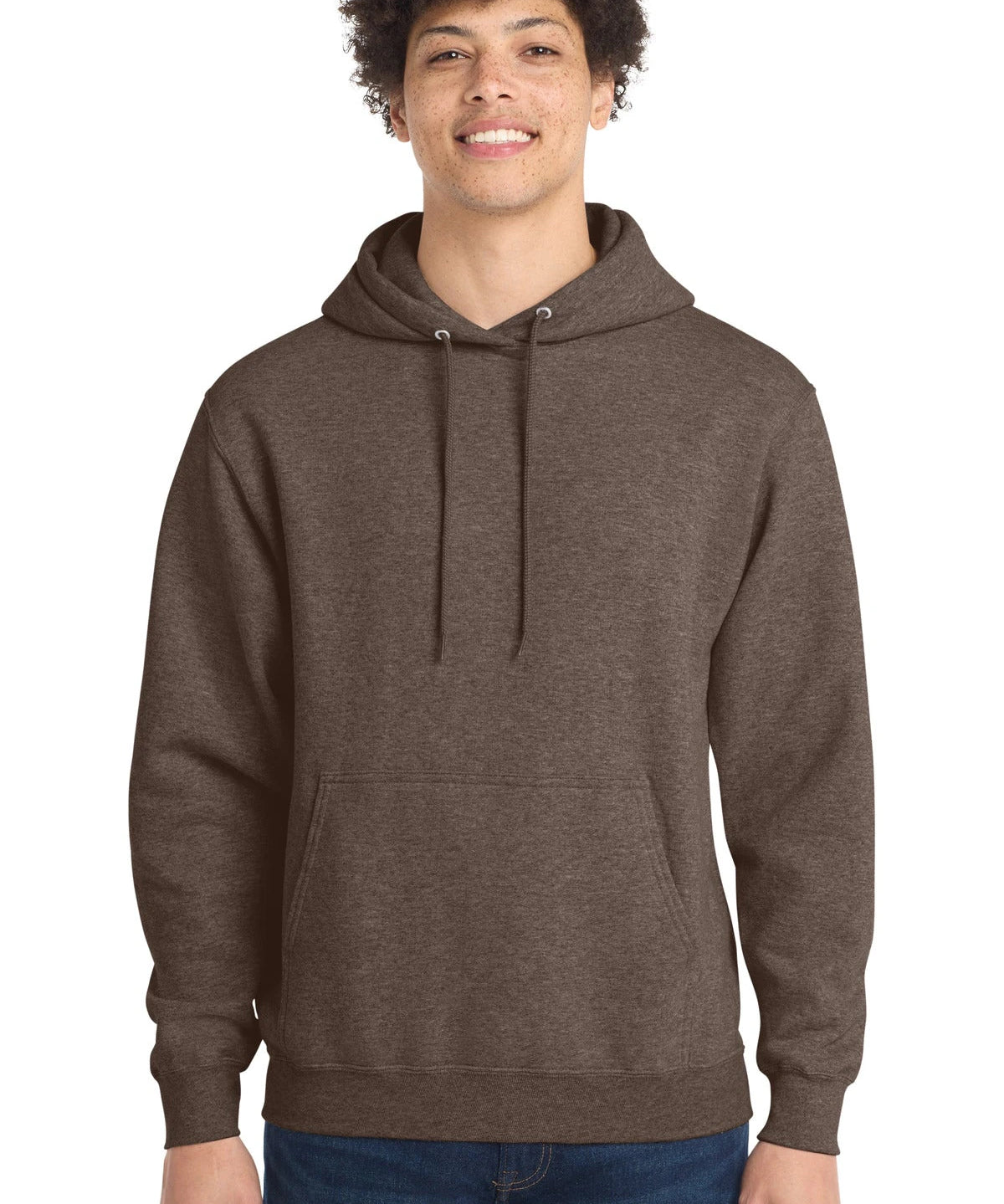 Ashwaubenon High School Football (Boys) - Heather Dark Chocolate Brown Port & Co Core Fleece Pullover Hooded Sweatshirt. PC78H (model)