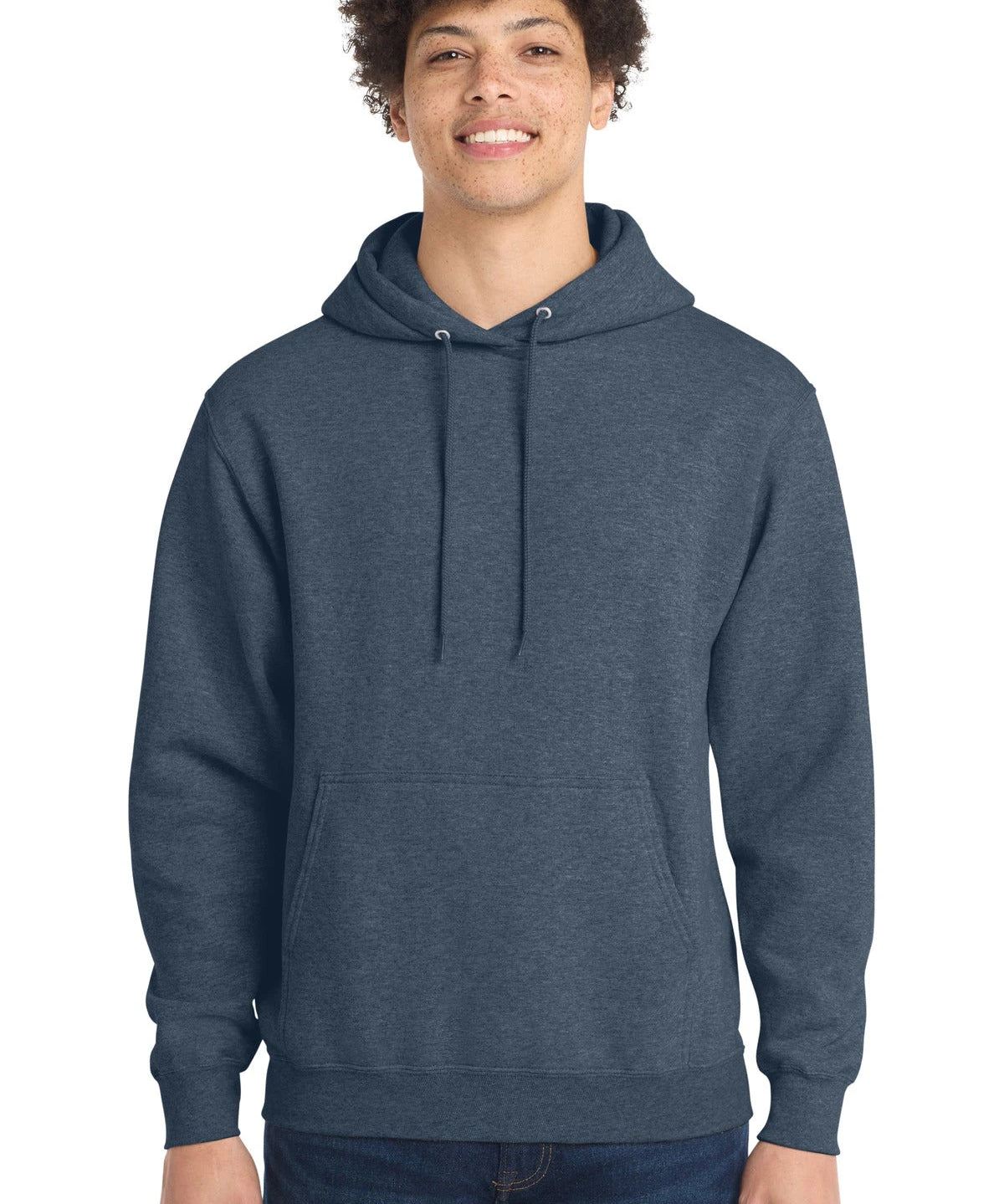 Ashwaubenon High School Football (Boys) - Heather Navy Port & Co Core Fleece Pullover Hooded Sweatshirt. PC78H (model)