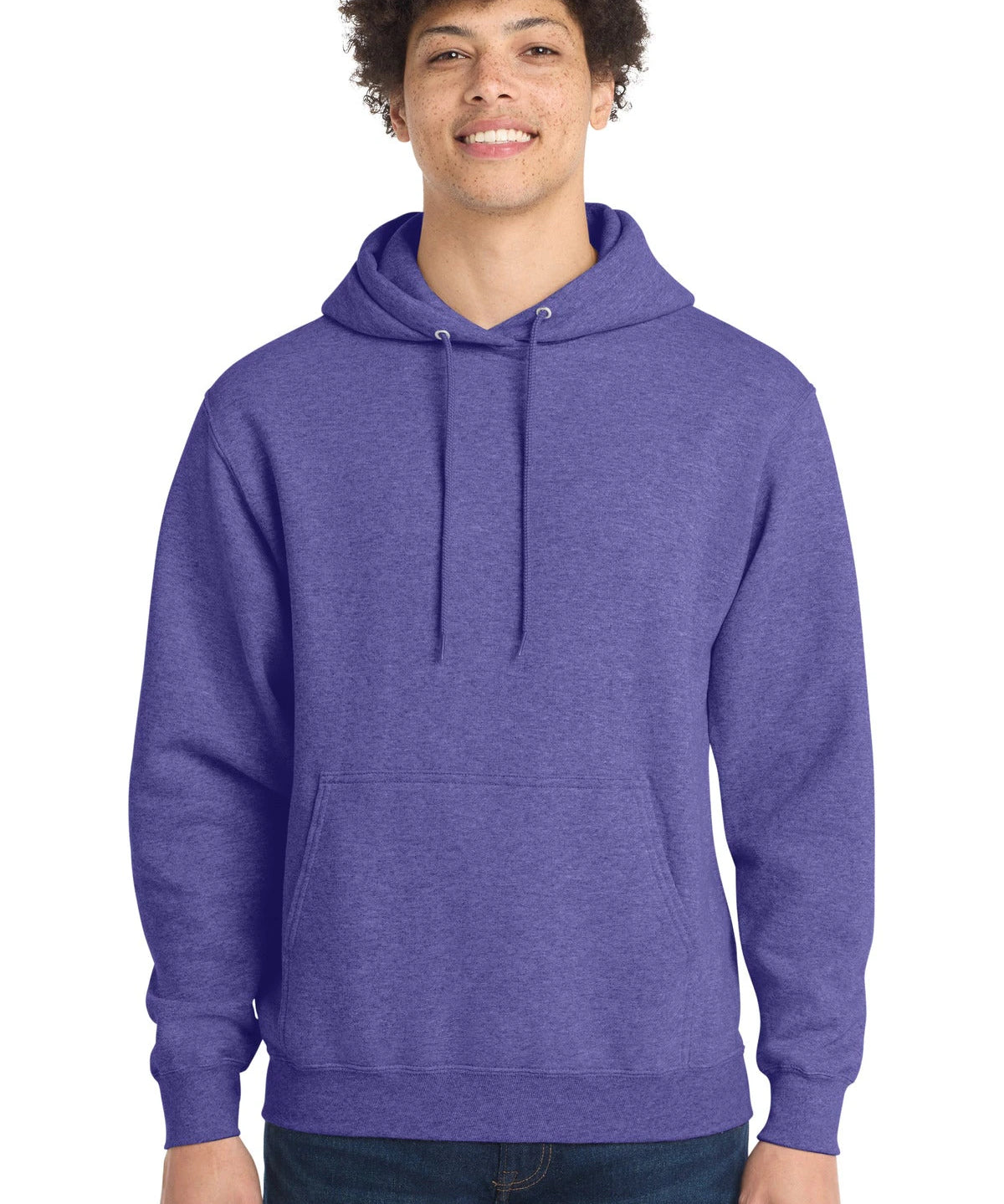 Ashwaubenon High School Football (Boys) - Heather Purple Port & Co Core Fleece Pullover Hooded Sweatshirt. PC78H (model)