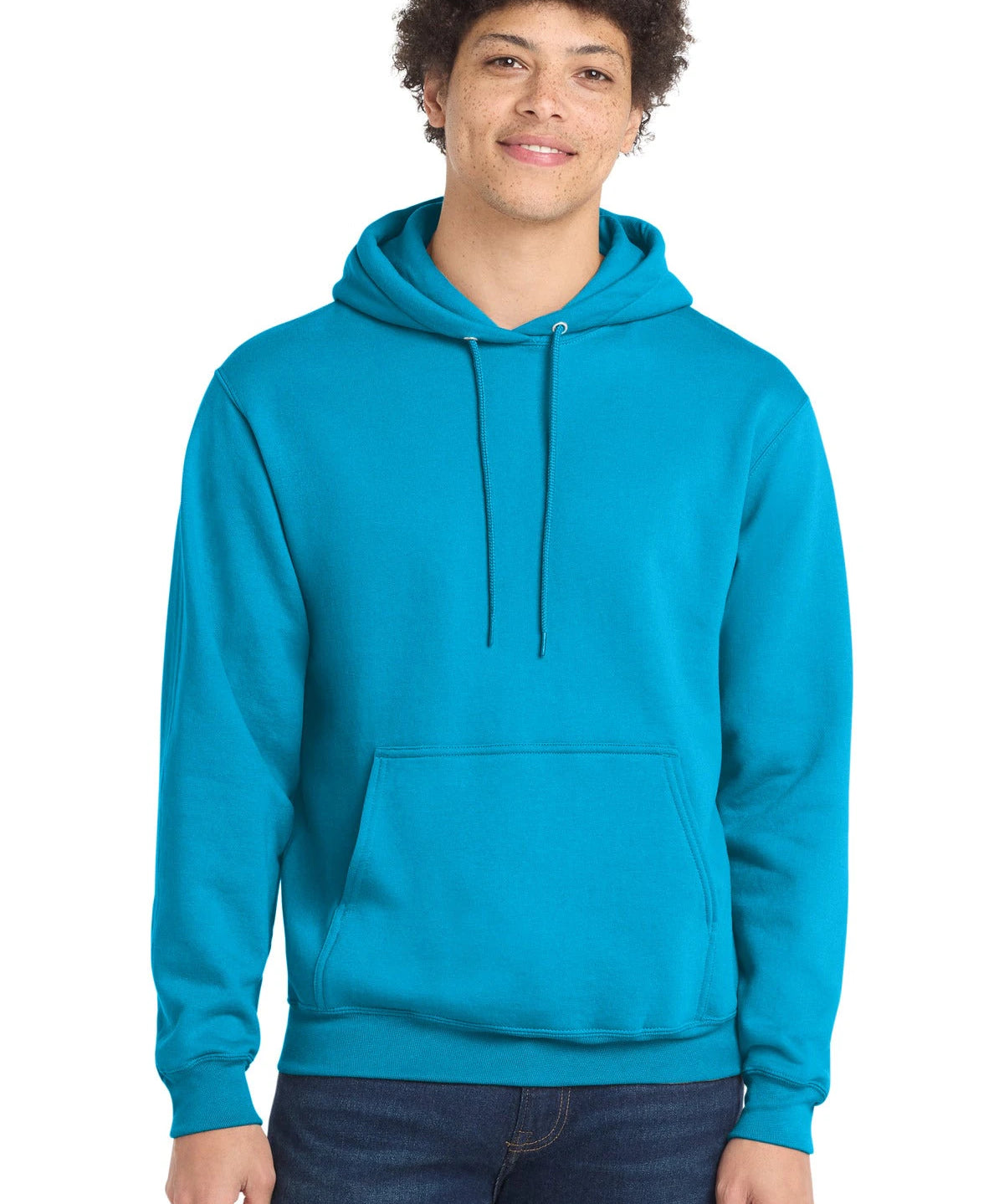 Ashwaubenon High School Football (Boys) - Neon Blue Port & Co Core Fleece Pullover Hooded Sweatshirt. PC78H (model)
