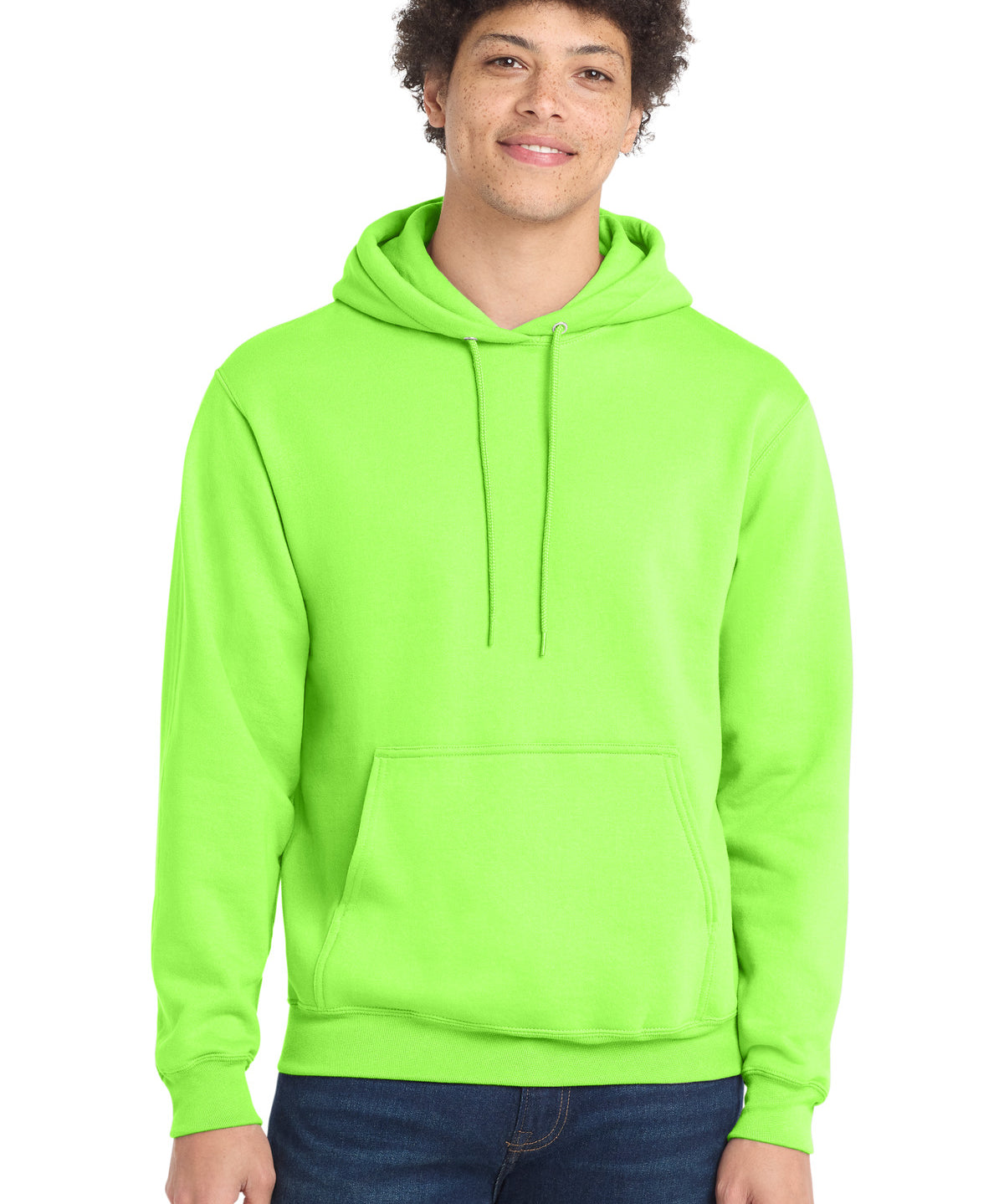 Ashwaubenon High School Football (Boys) - Neon Green Port & Co Core Fleece Pullover Hooded Sweatshirt. PC78H (model)
