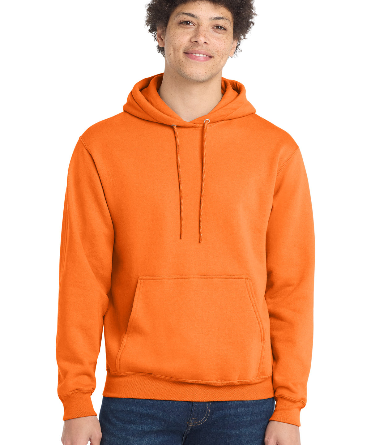 Ashwaubenon High School Football (Boys) - Neon Orange Port & Co Core Fleece Pullover Hooded Sweatshirt. PC78H (model)