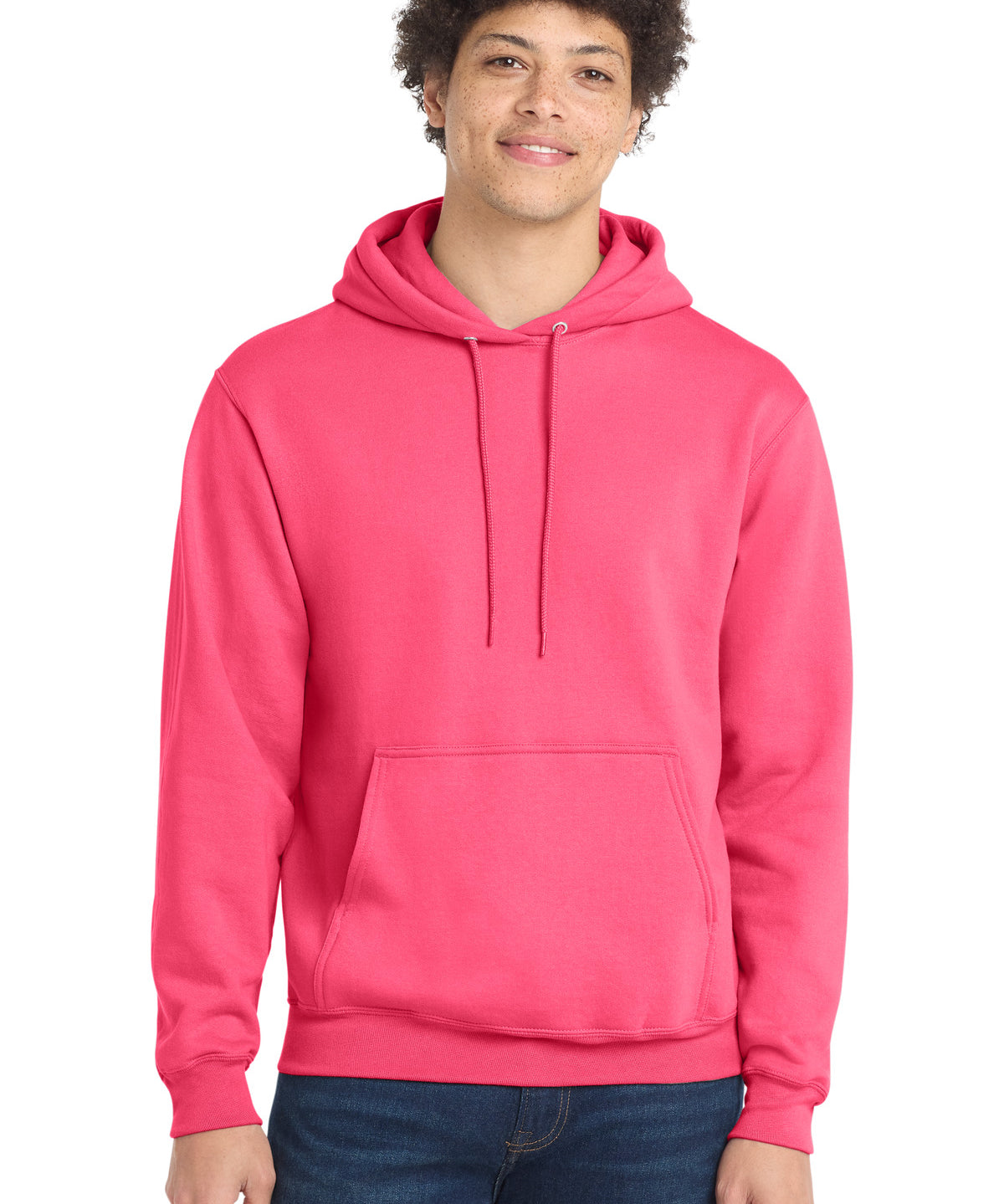Ashwaubenon High School Football (Boys) - Neon Pink Port & Co Core Fleece Pullover Hooded Sweatshirt. PC78H (model)