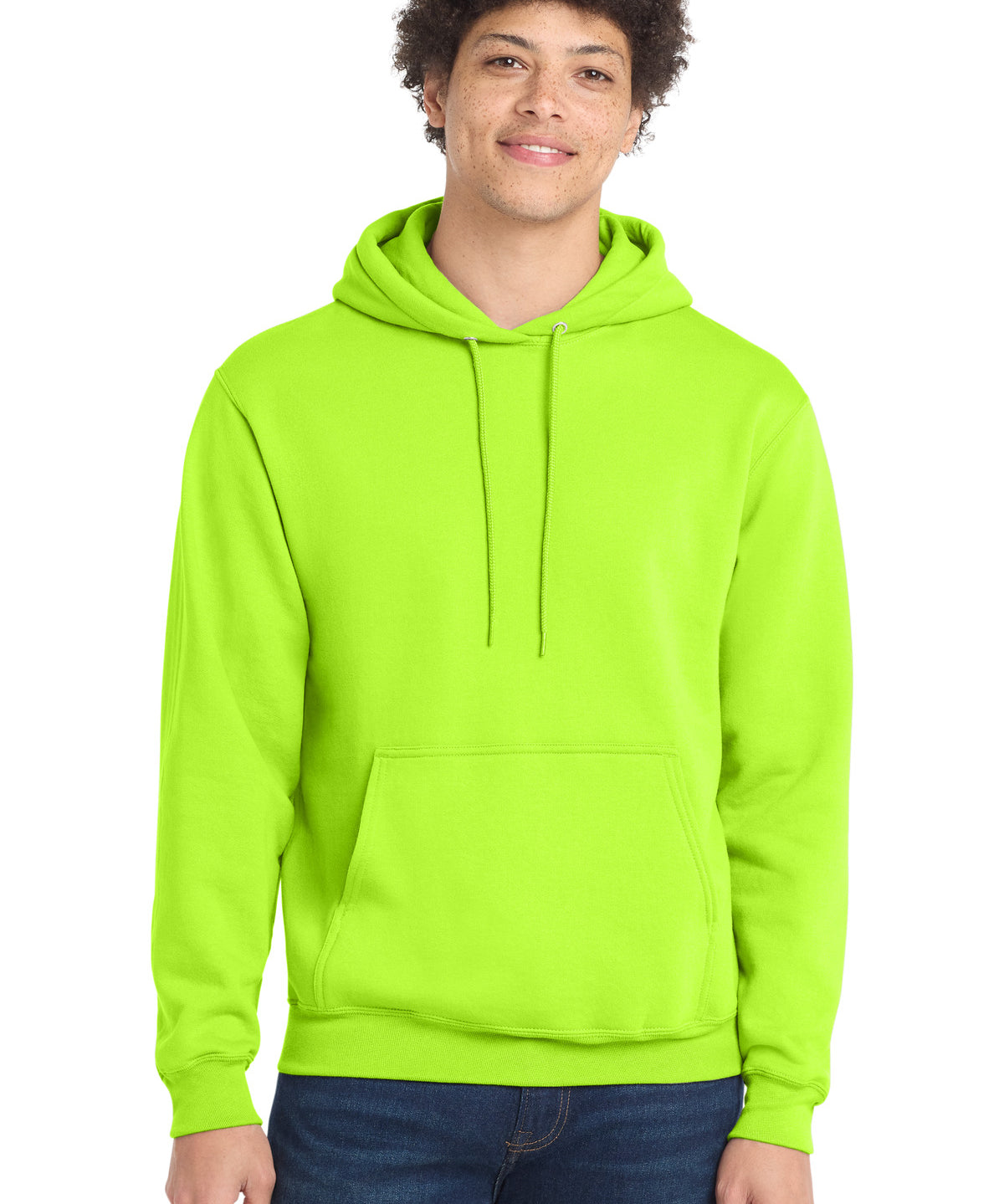 Ashwaubenon High School Football (Boys) - Neon Yellow Port & Co Core Fleece Pullover Hooded Sweatshirt. PC78H (model)