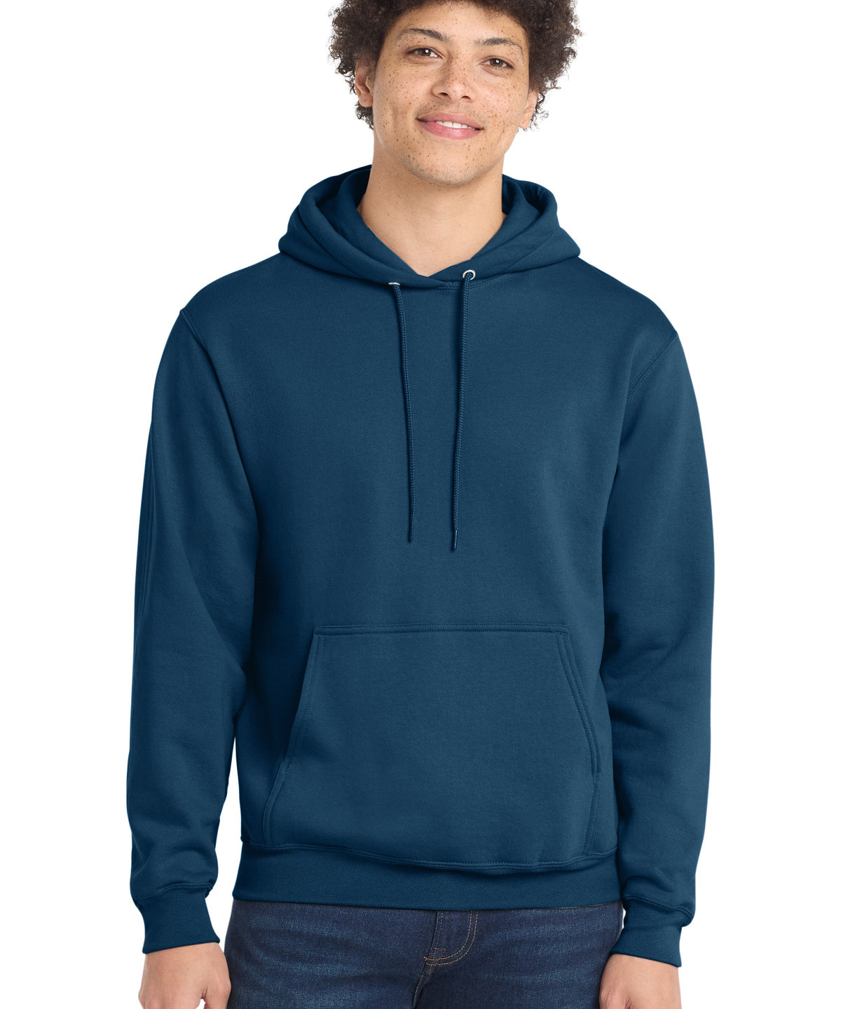 Ashwaubenon High School Football (Boys) - Neptune Blue Port & Co Core Fleece Pullover Hooded Sweatshirt. PC78H (model)