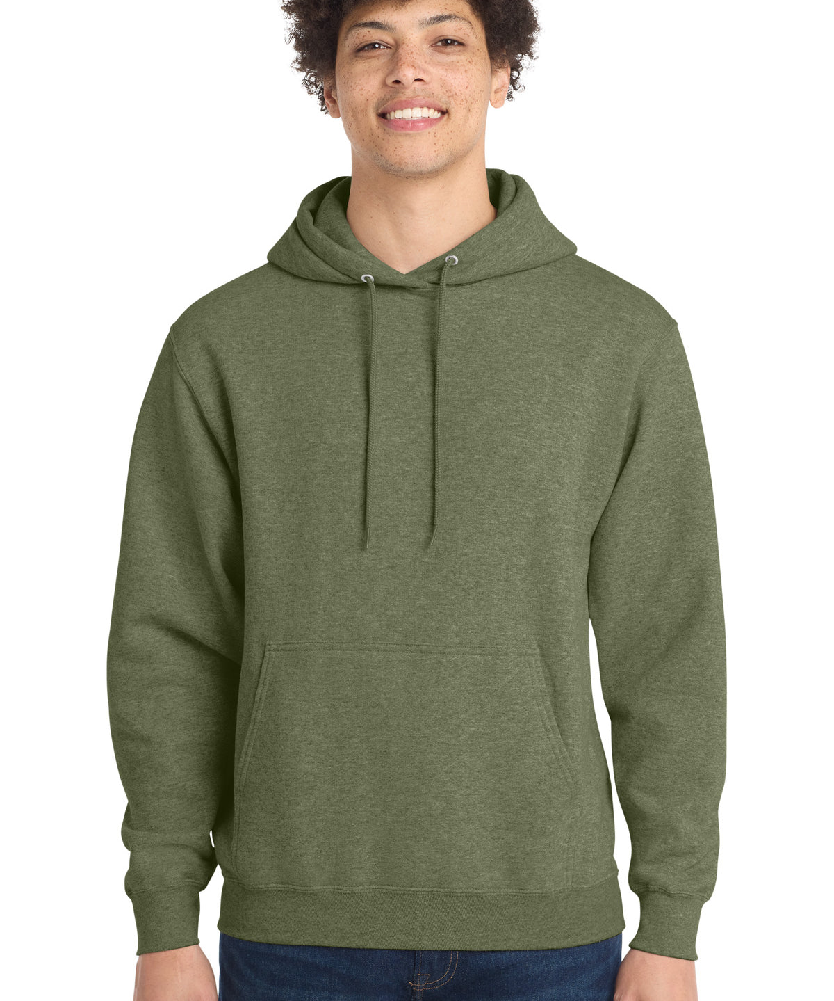 Ashwaubenon High School Football (Boys) - Olive Drab Green Heather Port & Co Core Fleece Pullover Hooded Sweatshirt. PC78H (model)