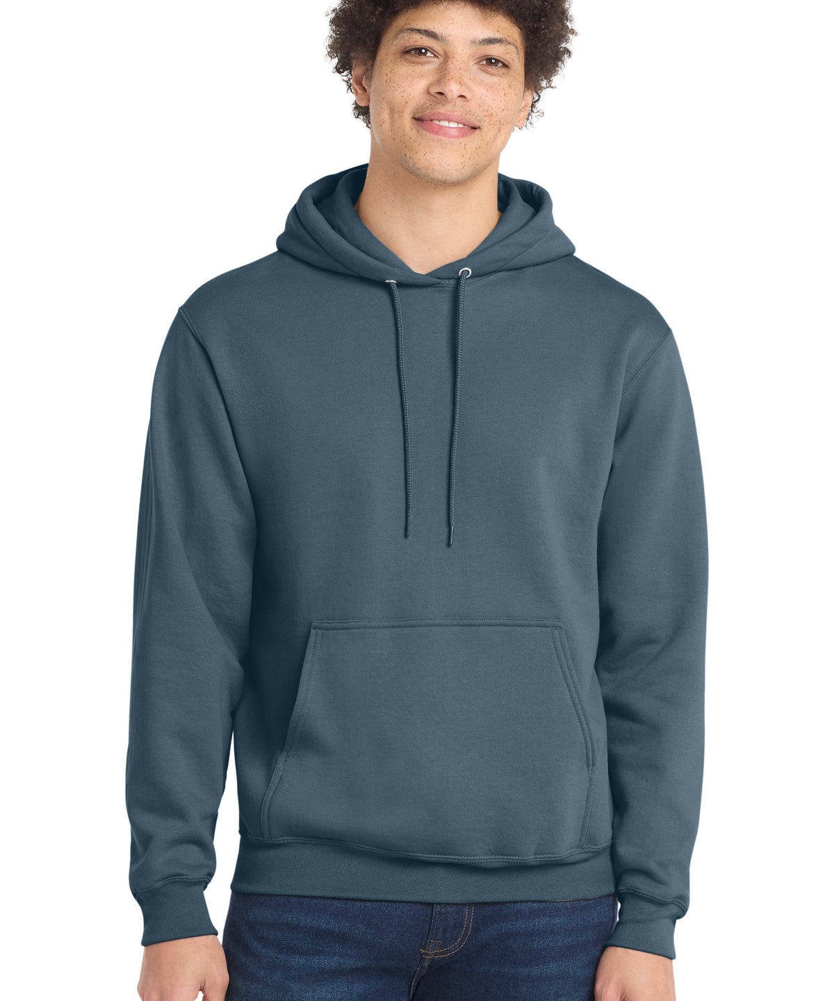 Ashwaubenon High School Football (Boys) - Steel Blue Port & Co Core Fleece Pullover Hooded Sweatshirt. PC78H (model)