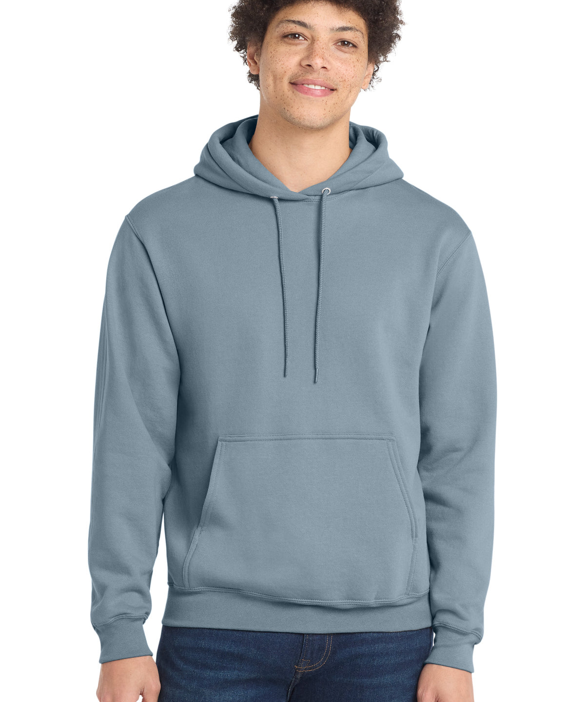 Ashwaubenon High School Football (Boys) - Stonewashed Blue Port & Co Core Fleece Pullover Hooded Sweatshirt. PC78H (model)