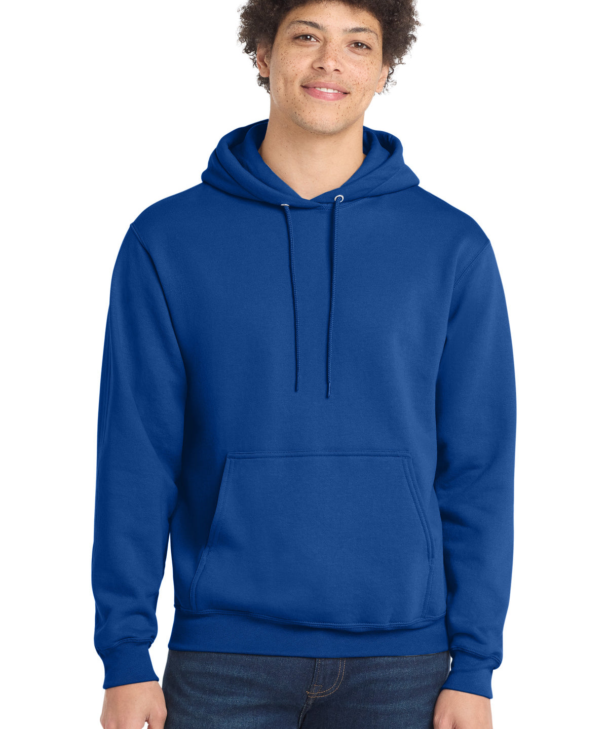 Ashwaubenon High School Football (Boys) - True Royal Port & Co Core Fleece Pullover Hooded Sweatshirt. PC78H (model)