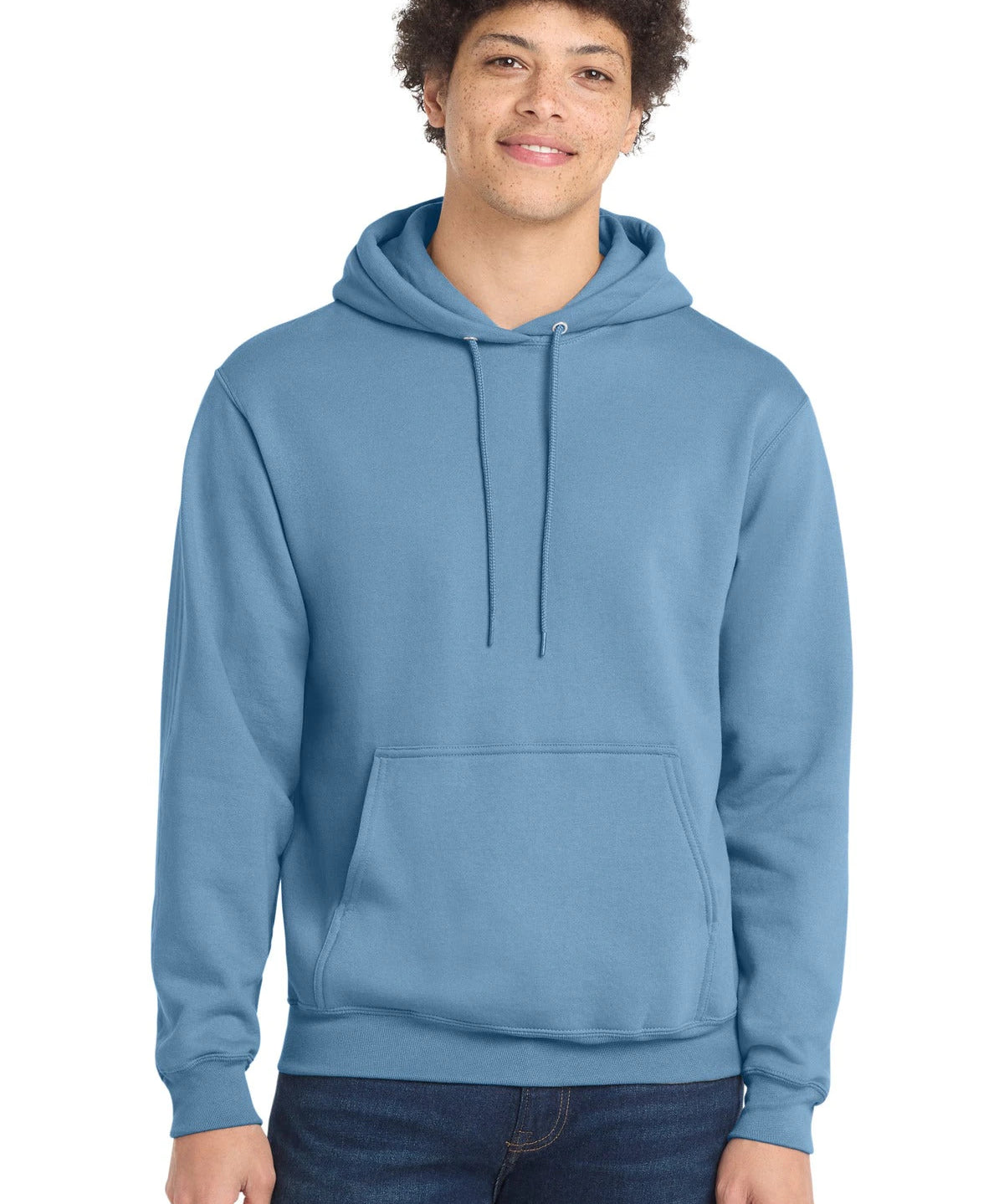 Ashwaubenon High School Football (Boys) - Tundra Blue Port & Co Core Fleece Pullover Hooded Sweatshirt. PC78H (model)