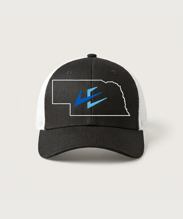 Leading Edge Nebraska Team Store - Black/ White New Era - Stretch Mesh Cap. NE1020