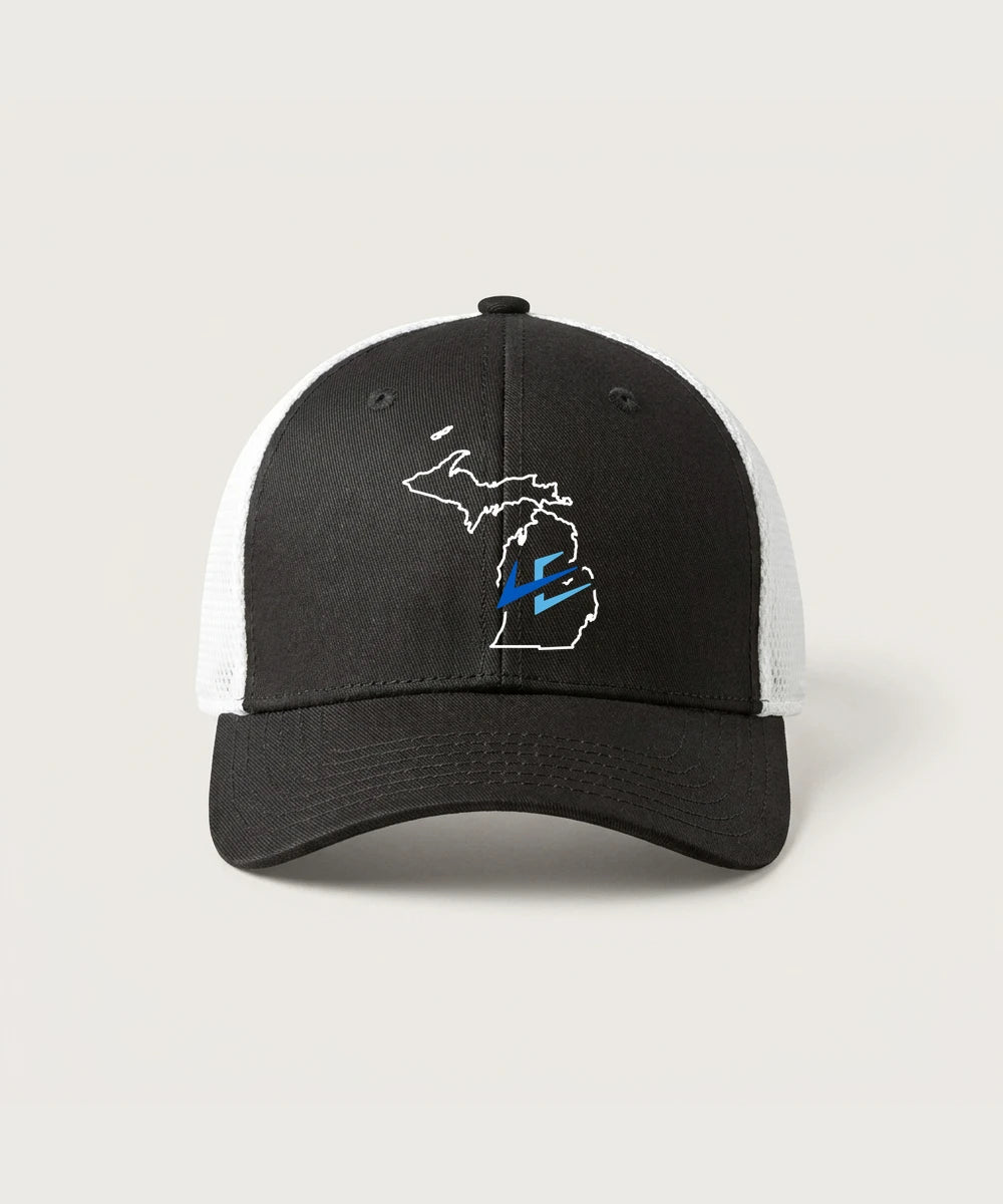Leading Edge Michigan Team Store - Black/ White New Era - Stretch Mesh Cap. NE1020