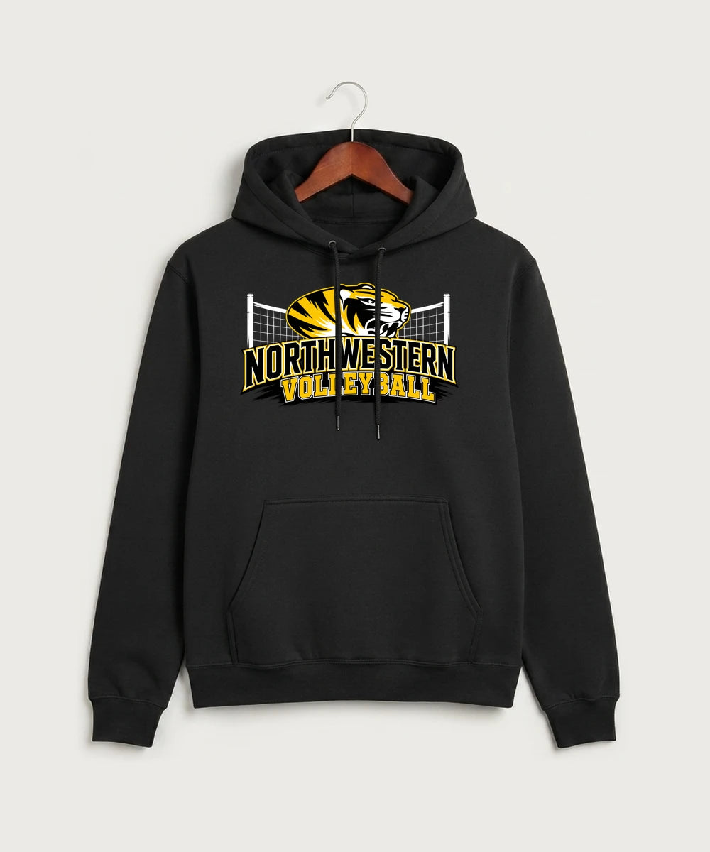 Northwestern Volleyball - Jet Black Port & Co Core Fleece Pullover Hooded Sweatshirt. PC78H
