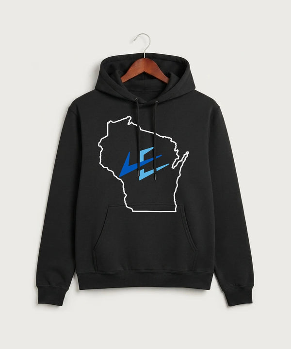 Leading Edge Wisconsin Team Store - Jet Black Port & Co Core Fleece Pullover Hooded Sweatshirt. PC78H