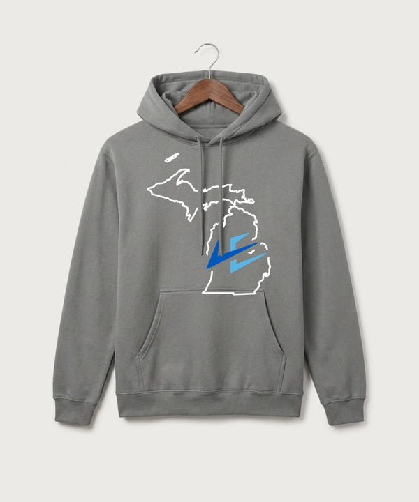 Leading Edge Michigan Team Store - Medium Grey Port & Co Core Fleece Pullover Hooded Sweatshirt. PC78H
