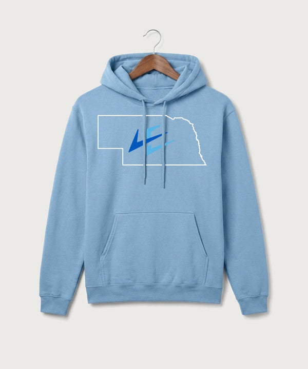 Leading Edge Nebraska Team Store - Tundra Blue Port & Co Core Fleece Pullover Hooded Sweatshirt. PC78H
