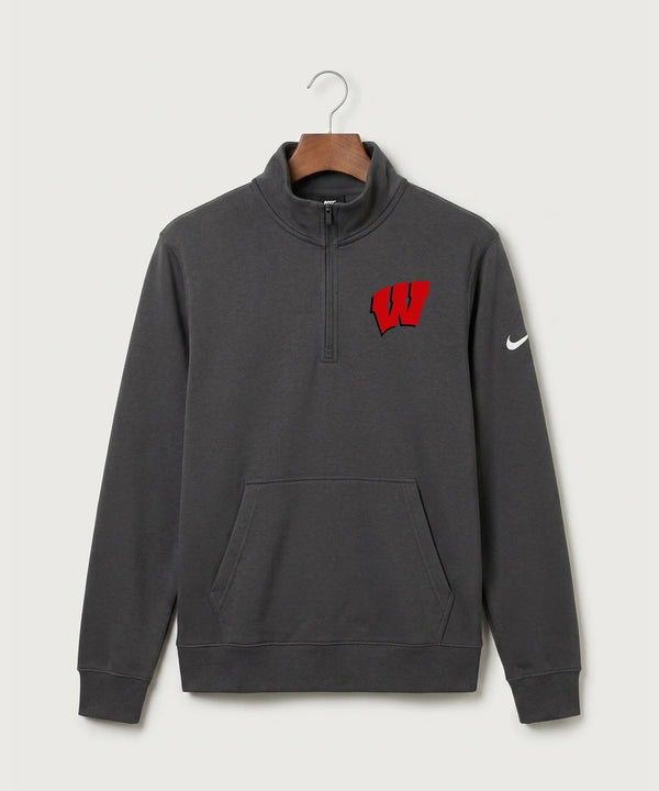 Wisconsin Hanger Test - Anthracite Nike Club Fleece Sleeve Swoosh 1/2-Zip NKDX6718 (front)