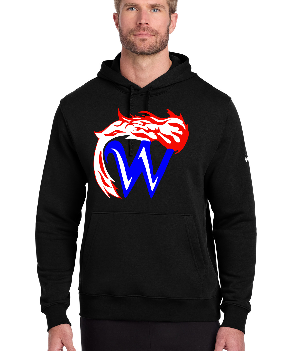 Waupaca High School football_boys - Black Nike Club Fleece Sleeve Swoosh Pullover Hoodie NKDR1499