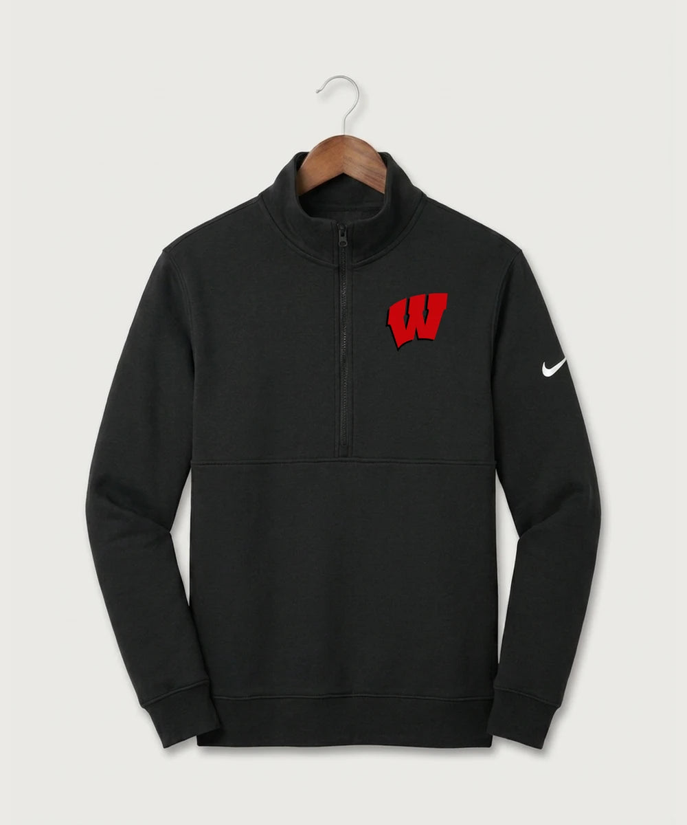 Wisconsin Hanger Test - Black Nike Club Fleece Sleeve Swoosh 1/2-Zip NKDX6718 (front)