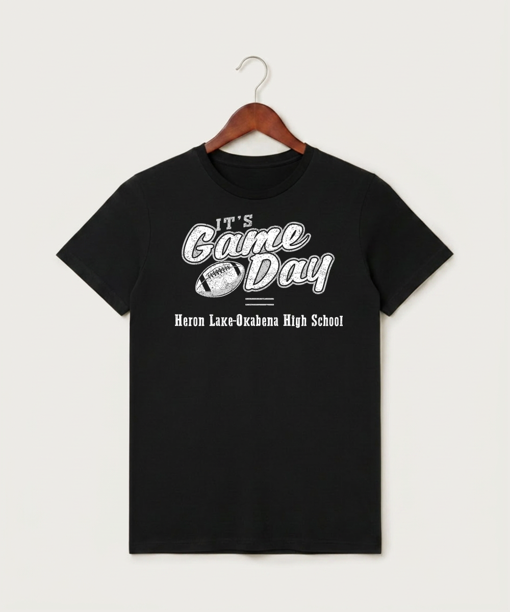 Heron Lake-Okabena High School Football (Boys) - Black T-Shirt - Full Front