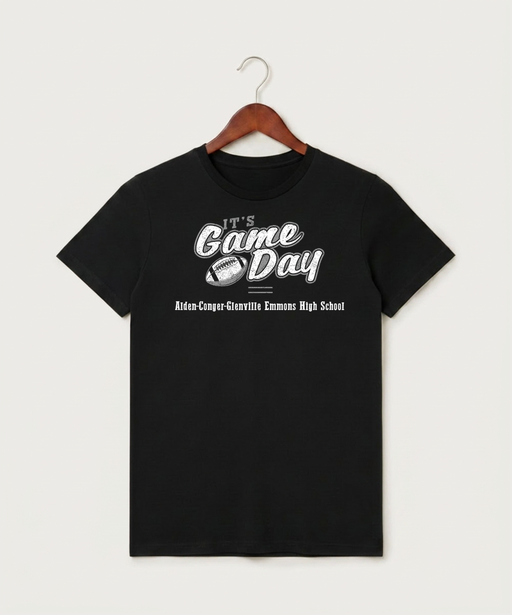 Alden-Conger-Glenville Emmons High School Football (Boys) - Black T-Shirt - Full Front