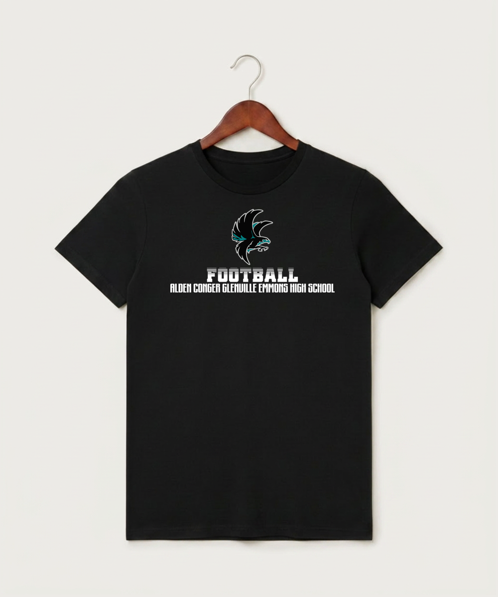 Alden-Conger-Glenville Emmons High School Football (Boys) - Black T-Shirt - Full Front
