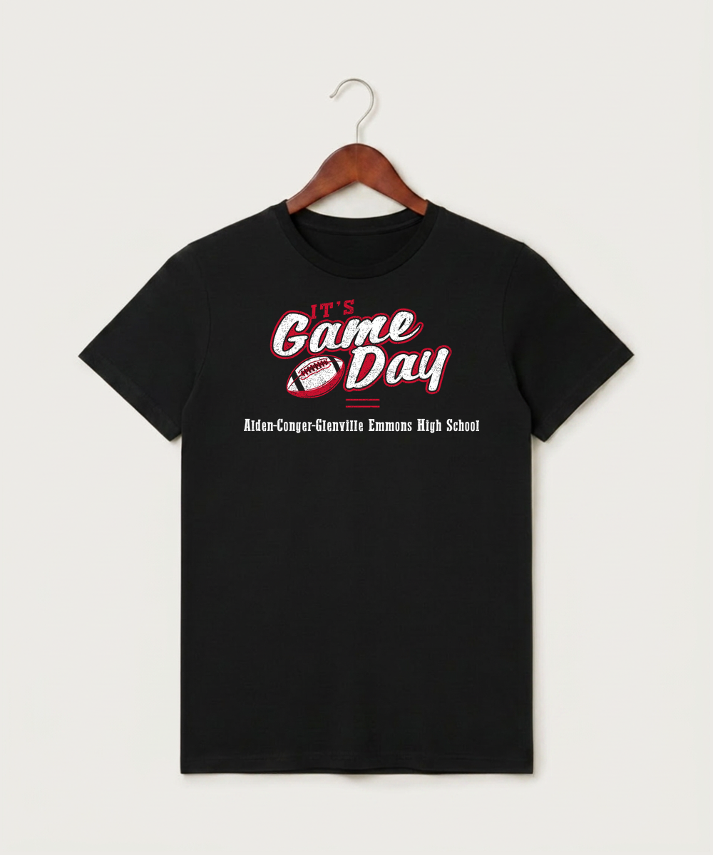 Alden-Conger-Glenville Emmons High School Football (Boys) - Black T-Shirt - Full Front